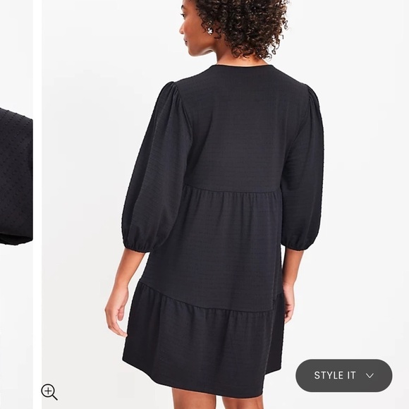 LOFT Black Jacquard Balloon Sleeve V-Neck Dress 2 - Picture 10 of 10